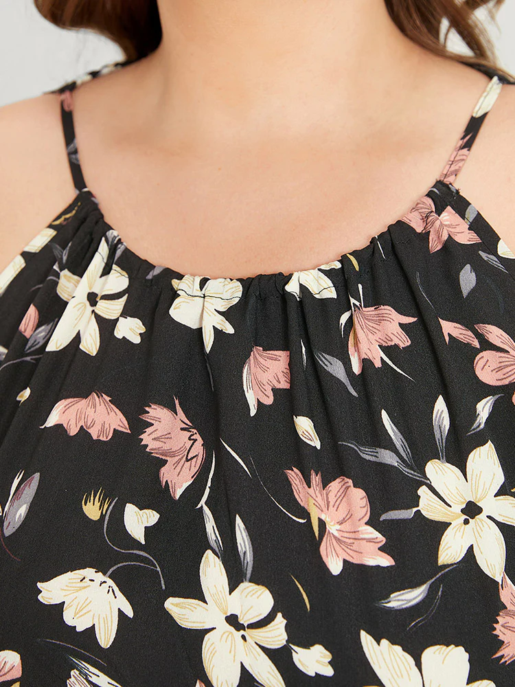 Floral Print Halter Shirred Pocket Ruffle Hem Dress - Image 6