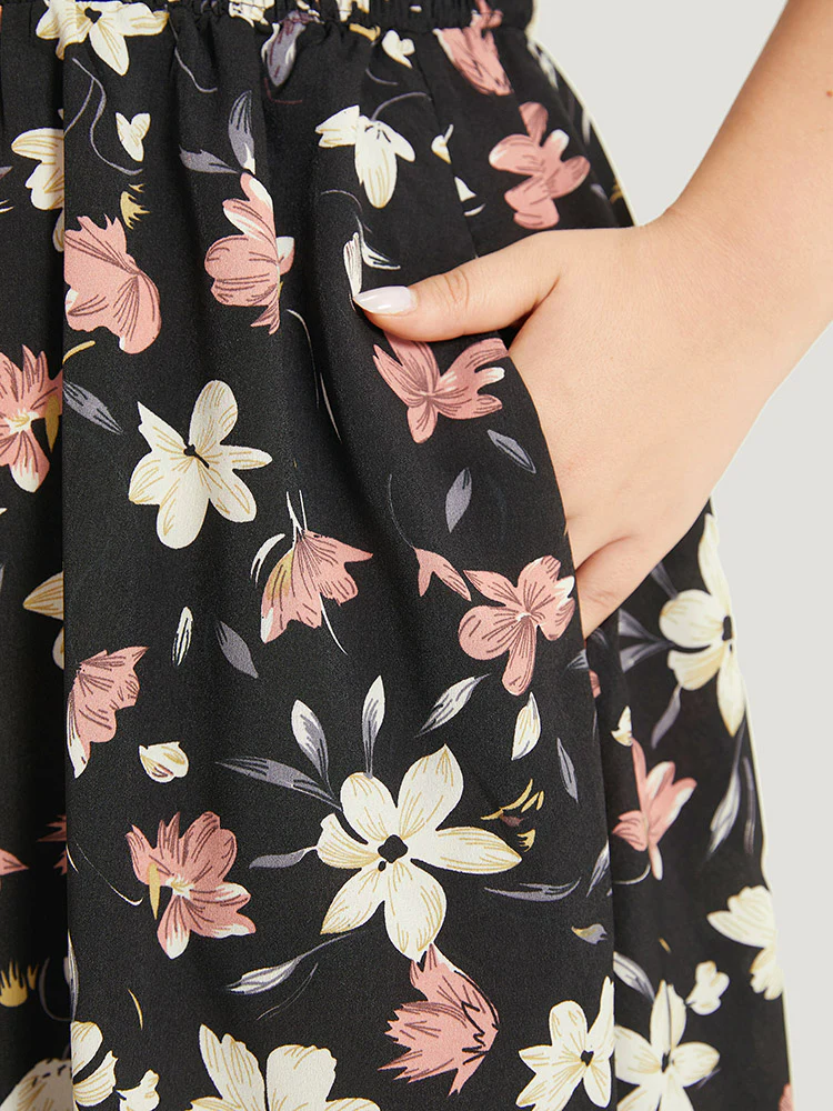 Floral Print Halter Shirred Pocket Ruffle Hem Dress - Image 7