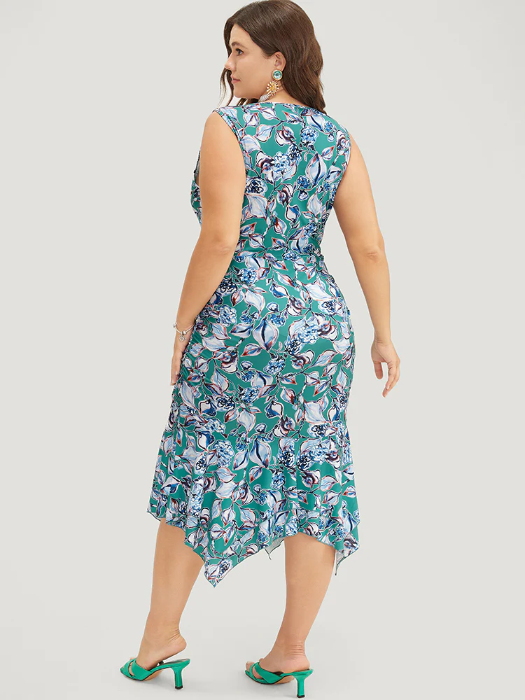 Floral Print Hanky Hem Knot Deep V Neck Tank Dress - Image 2