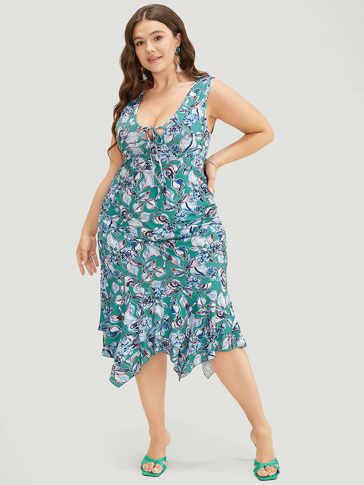 Floral Print Hanky Hem Knot Deep V Neck Tank Dress - Image 3