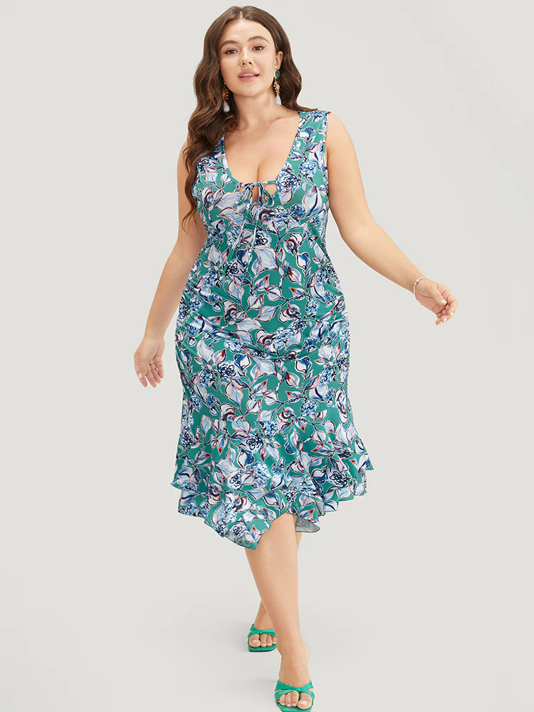 Floral Print Hanky Hem Knot Deep V Neck Tank Dress - Image 4