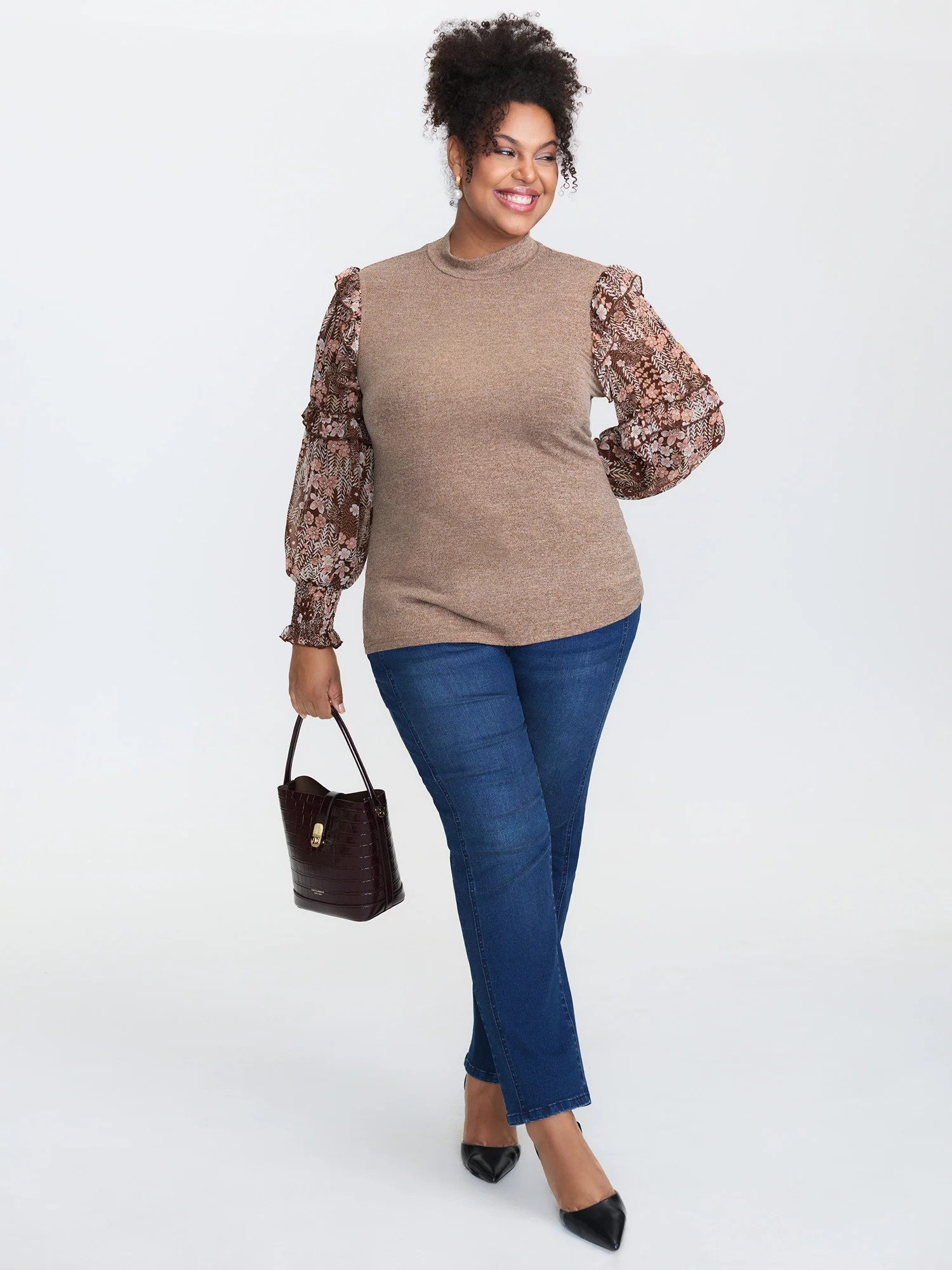 Floral Print Heather Mock Neck Knit Top - Image 2