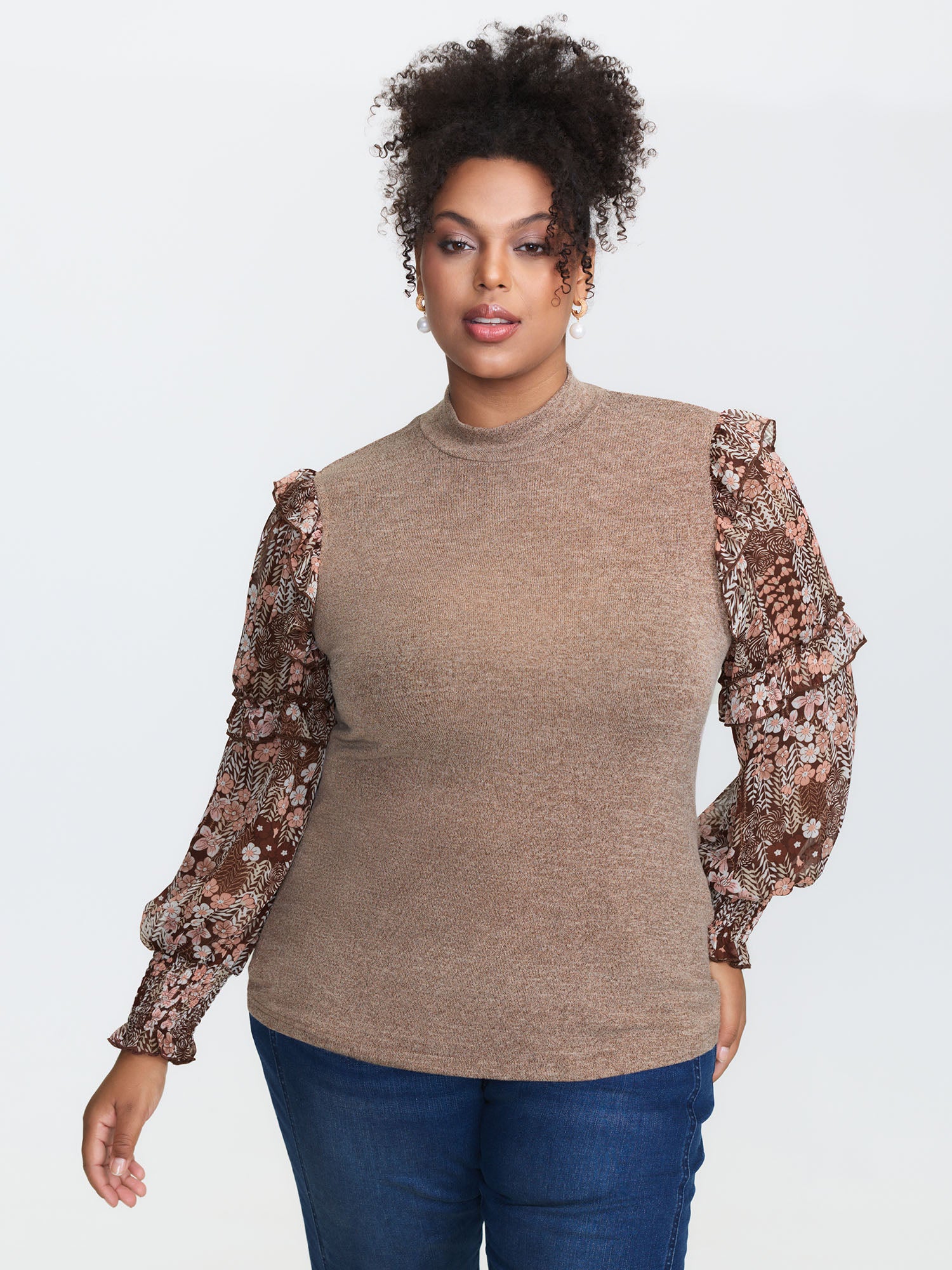 Floral Print Heather Mock Neck Knit Top - Image 3