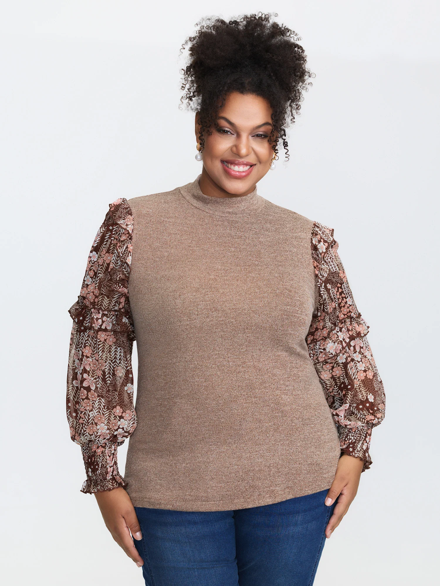 Floral Print Heather Mock Neck Knit Top - Image 5