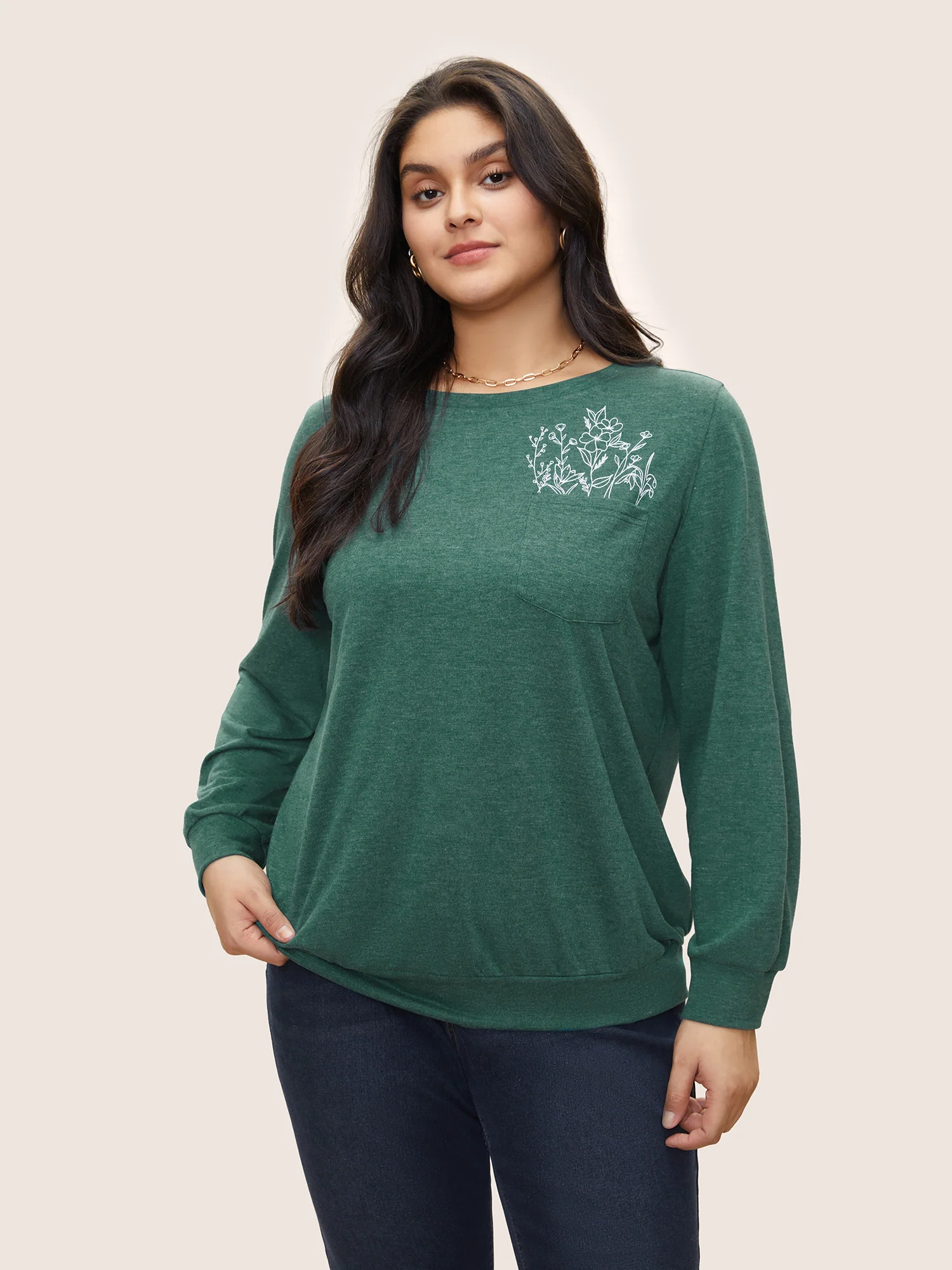 Floral Print Heather Patched Pocket Sweatshirt