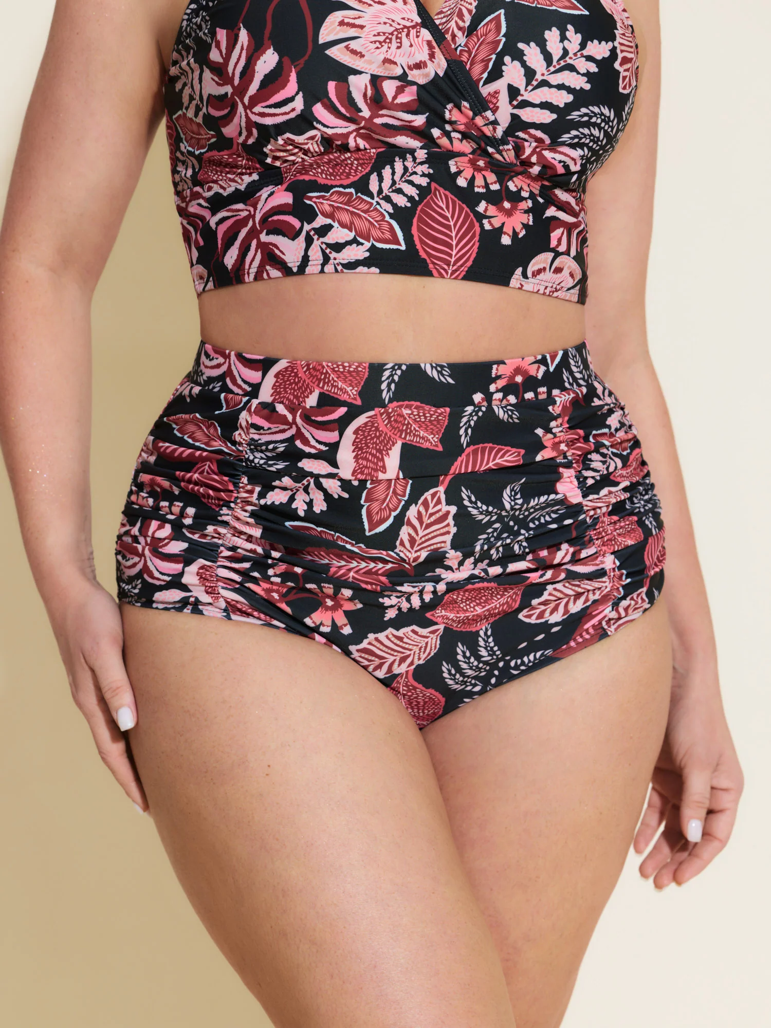 Tropical Floral Print High Waisted Tummy-Control Bikini Bottoms - Image 7