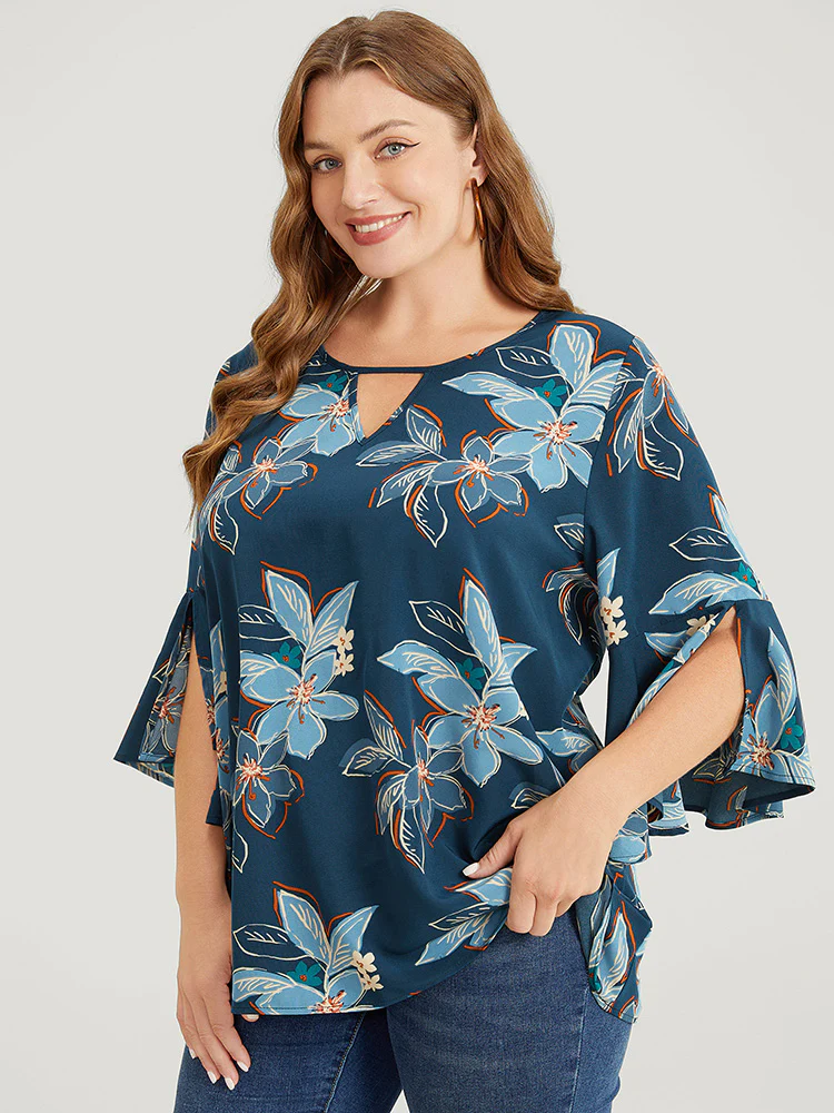 Floral Print Keyhole Neck Split Bell Sleeve Blouse - Image 2