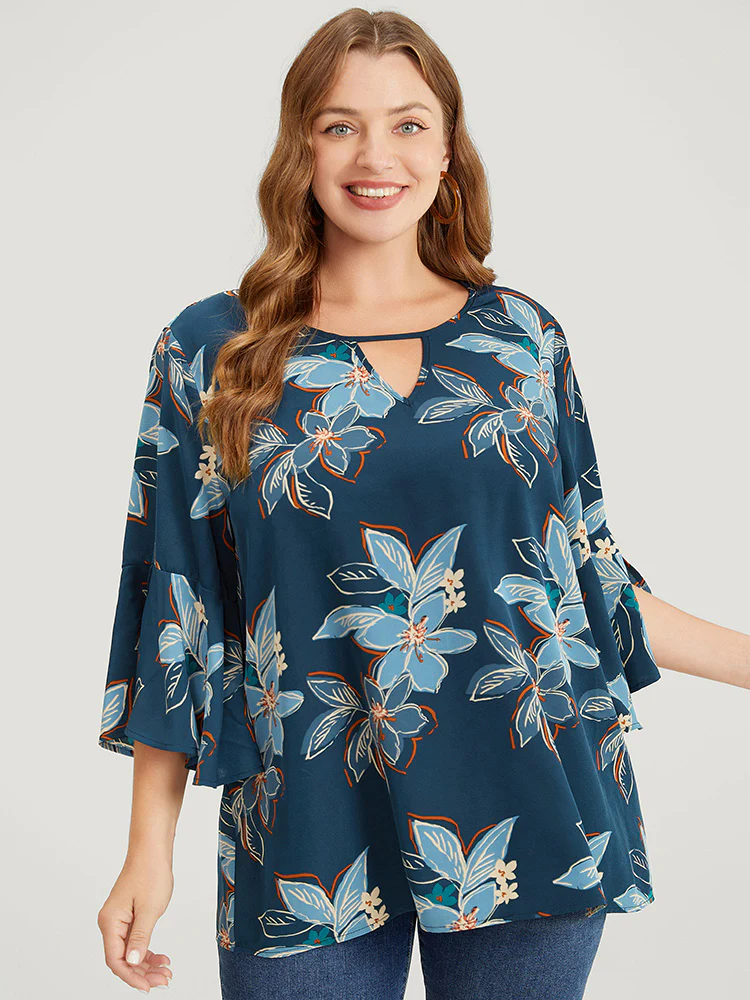 Floral Print Keyhole Neck Split Bell Sleeve Blouse - Image 3