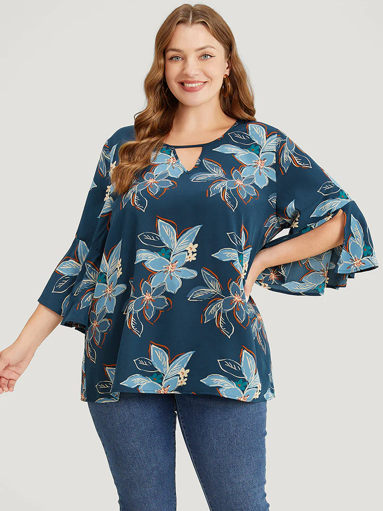 Floral Print Keyhole Neck Split Bell Sleeve Blouse - Image 4