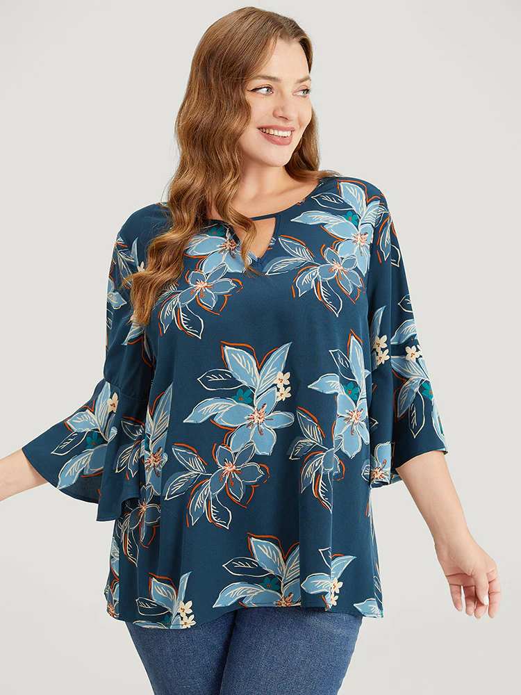Floral Print Keyhole Neck Split Bell Sleeve Blouse - Image 5