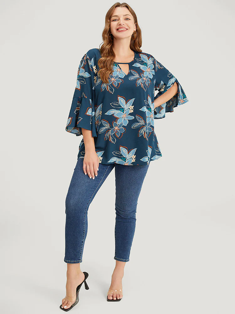 Floral Print Keyhole Neck Split Bell Sleeve Blouse - Image 6