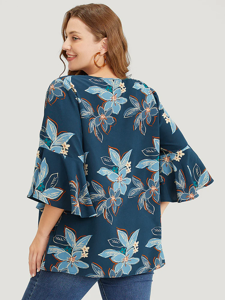 Floral Print Keyhole Neck Split Bell Sleeve Blouse - Image 7