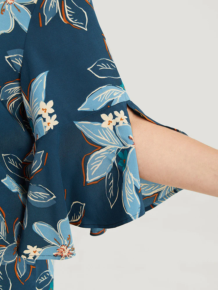 Floral Print Keyhole Neck Split Bell Sleeve Blouse - Image 9