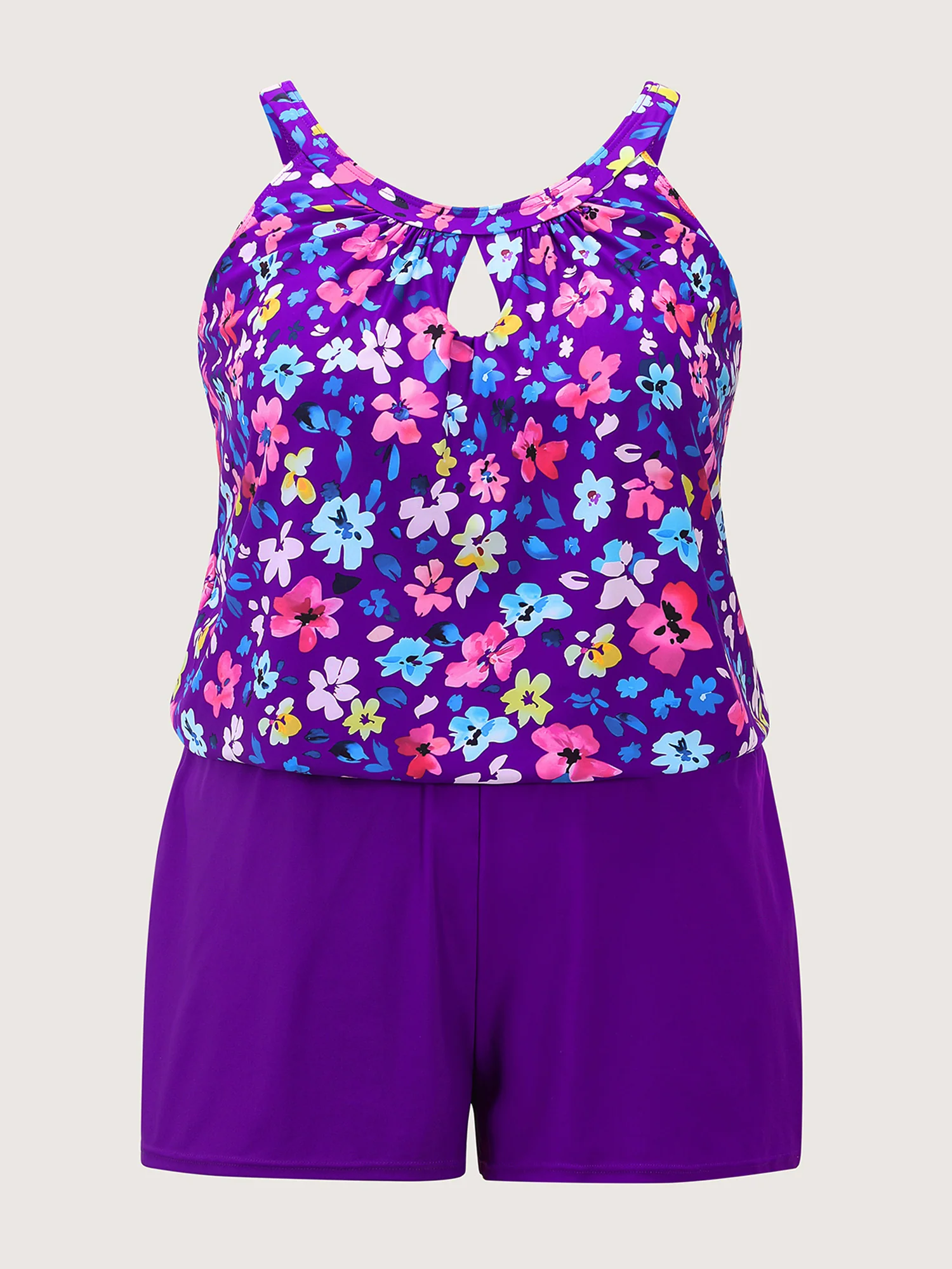 Floral Print Keyhole Pockets Swim Romper - Image 33
