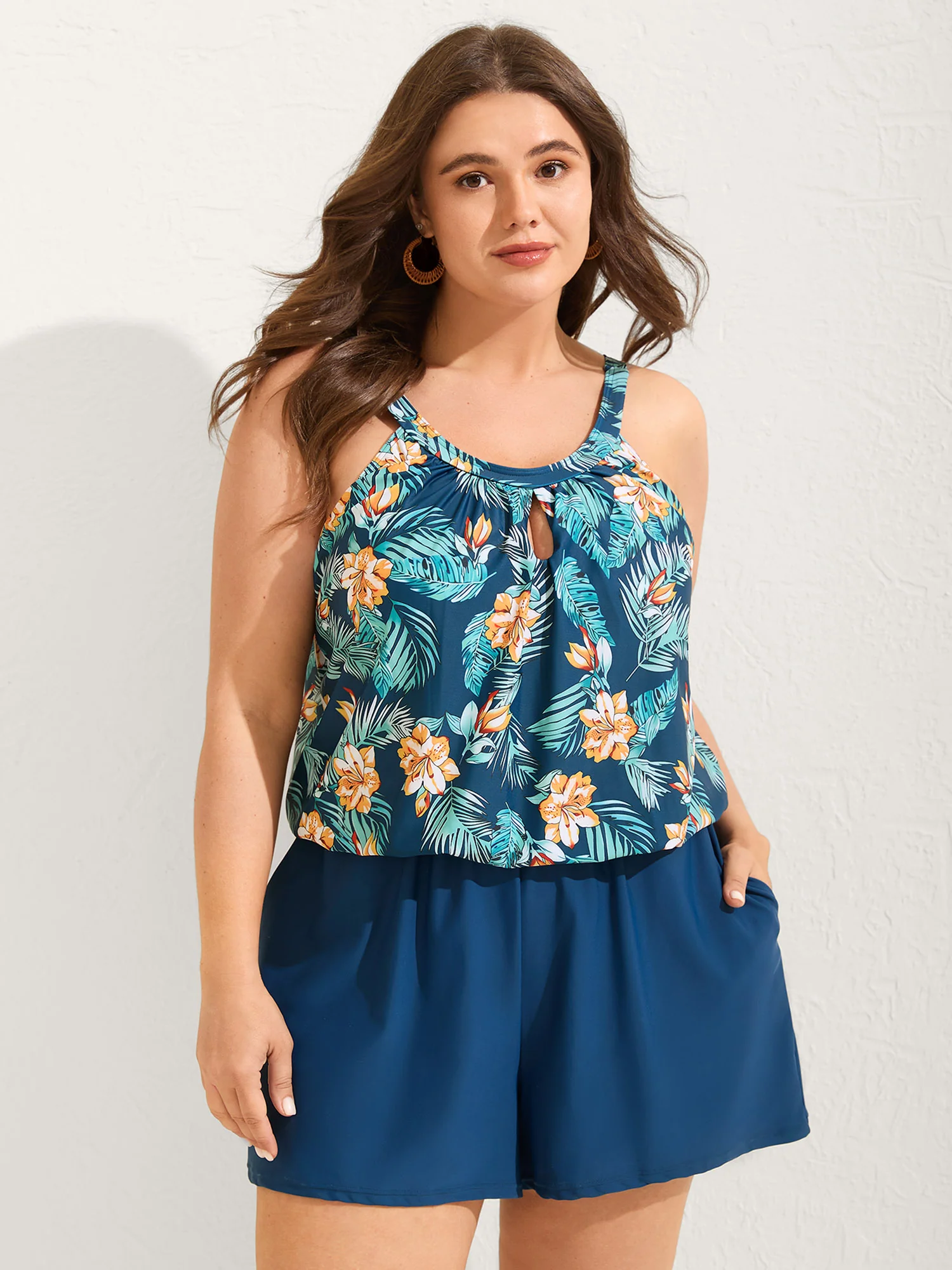 Floral Print Keyhole Pockets Swim Romper - Image 47