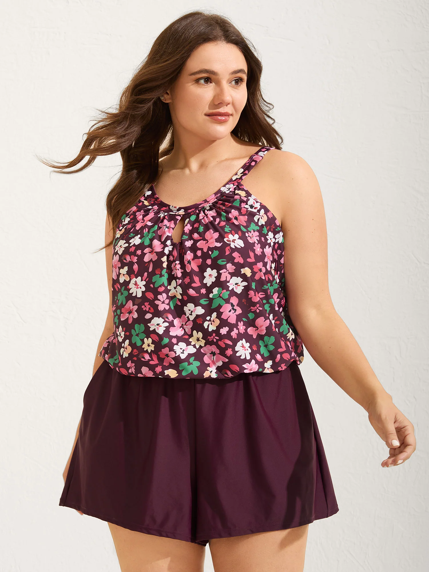 Floral Print Keyhole Pockets Swim Romper - Image 53