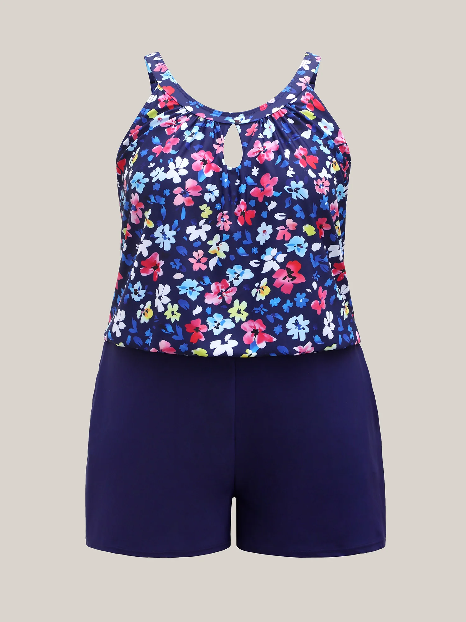 Floral Print Keyhole Pockets Swim Romper - Image 9