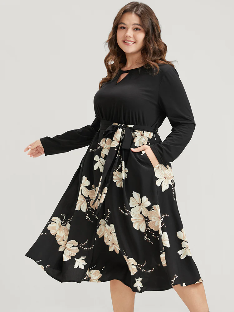 Floral Print Keyhole Round Neck Pocket Belted Dress - Image 4
