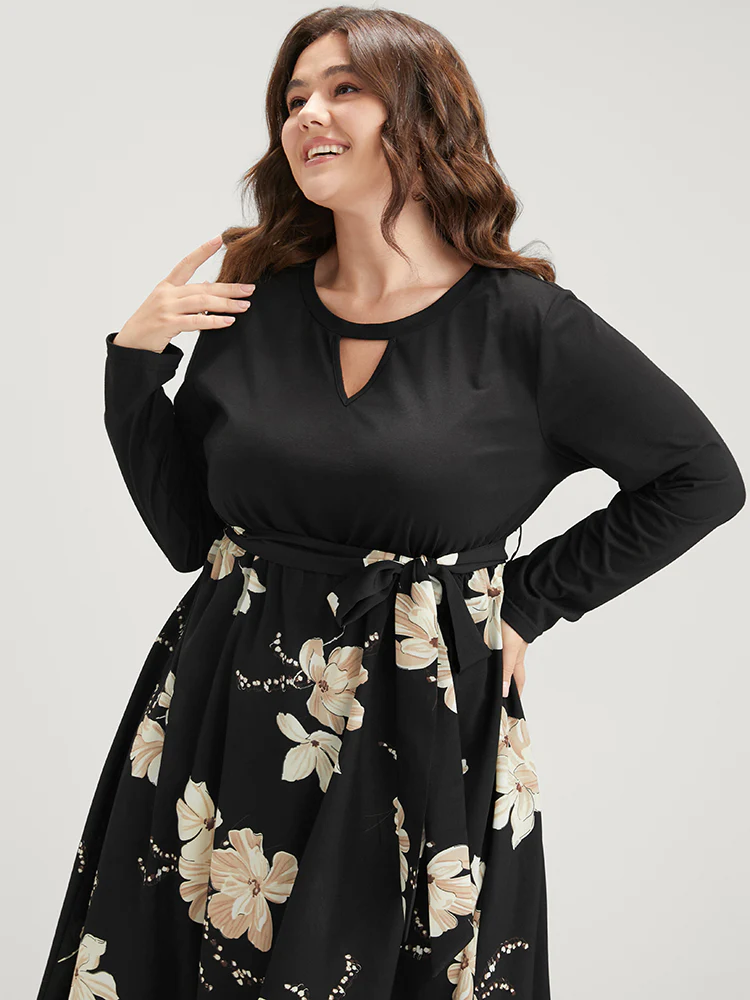 Floral Print Keyhole Round Neck Pocket Belted Dress - Image 5
