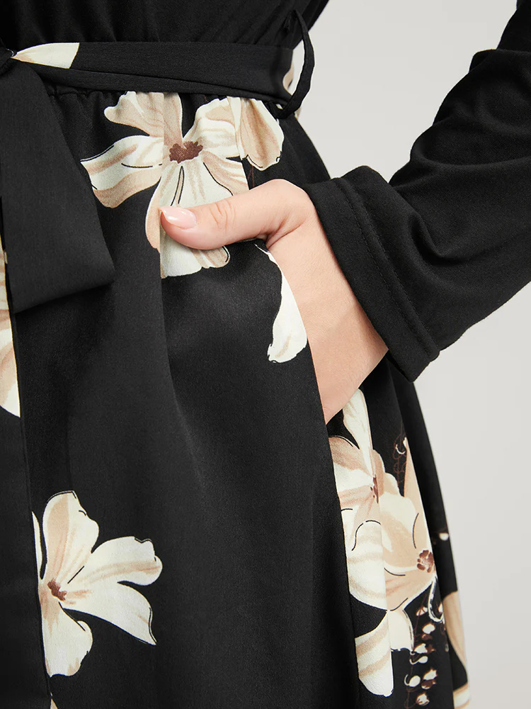 Floral Print Keyhole Round Neck Pocket Belted Dress - Image 6