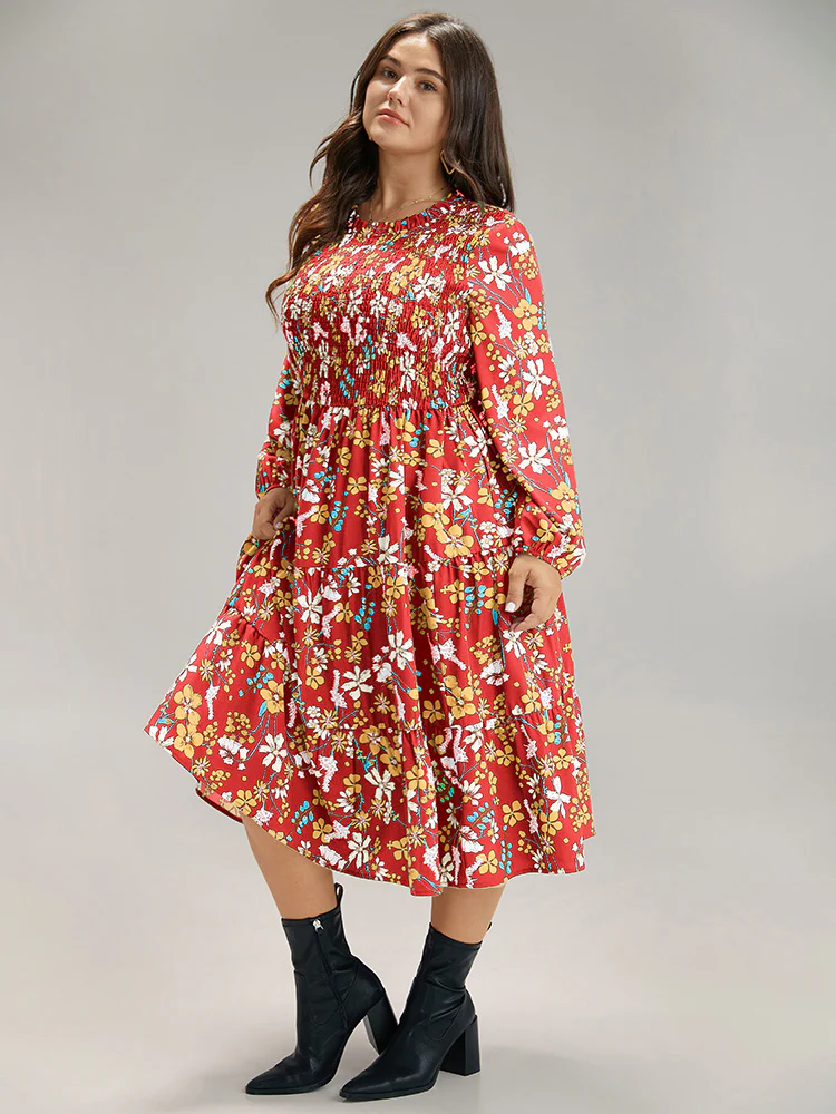 Floral Print Keyhole Shirred Dress - Image 3