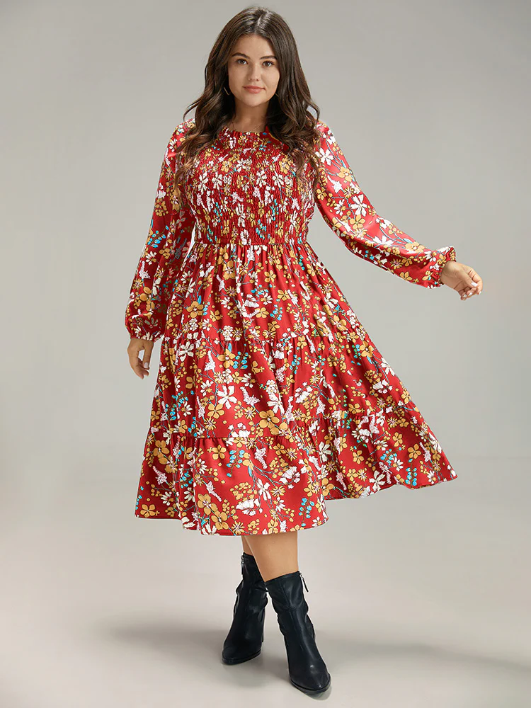 Floral Print Keyhole Shirred Dress - Image 4