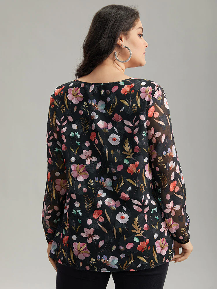Floral Print Chiffon Knot Neck Lantern Sleeve Blouse - Image 2