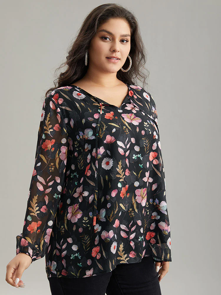 Floral Print Chiffon Knot Neck Lantern Sleeve Blouse - Image 3