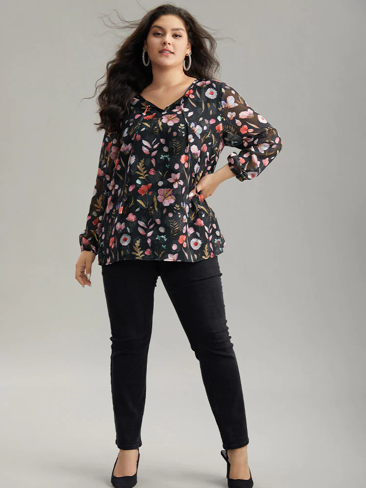 Floral Print Chiffon Knot Neck Lantern Sleeve Blouse - Image 4