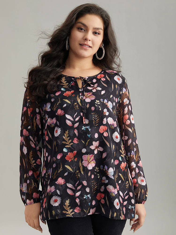 Floral Print Chiffon Knot Neck Lantern Sleeve Blouse - Image 5