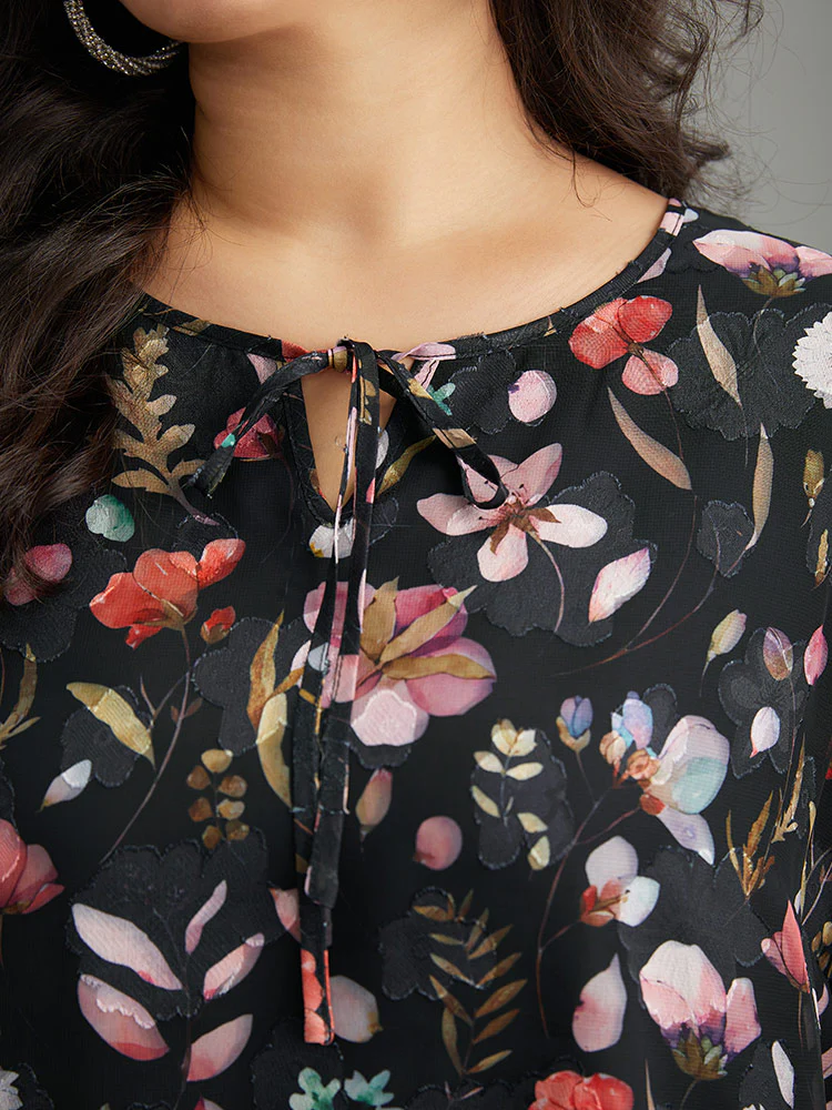 Floral Print Chiffon Knot Neck Lantern Sleeve Blouse - Image 6