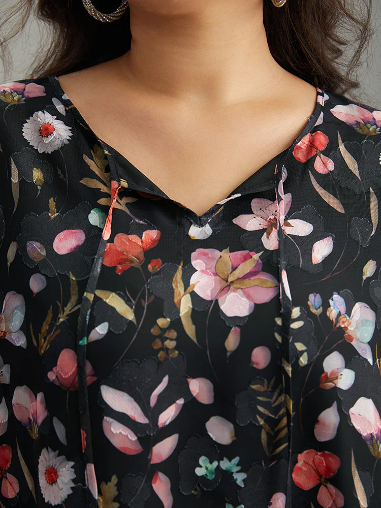 Floral Print Chiffon Knot Neck Lantern Sleeve Blouse - Image 7