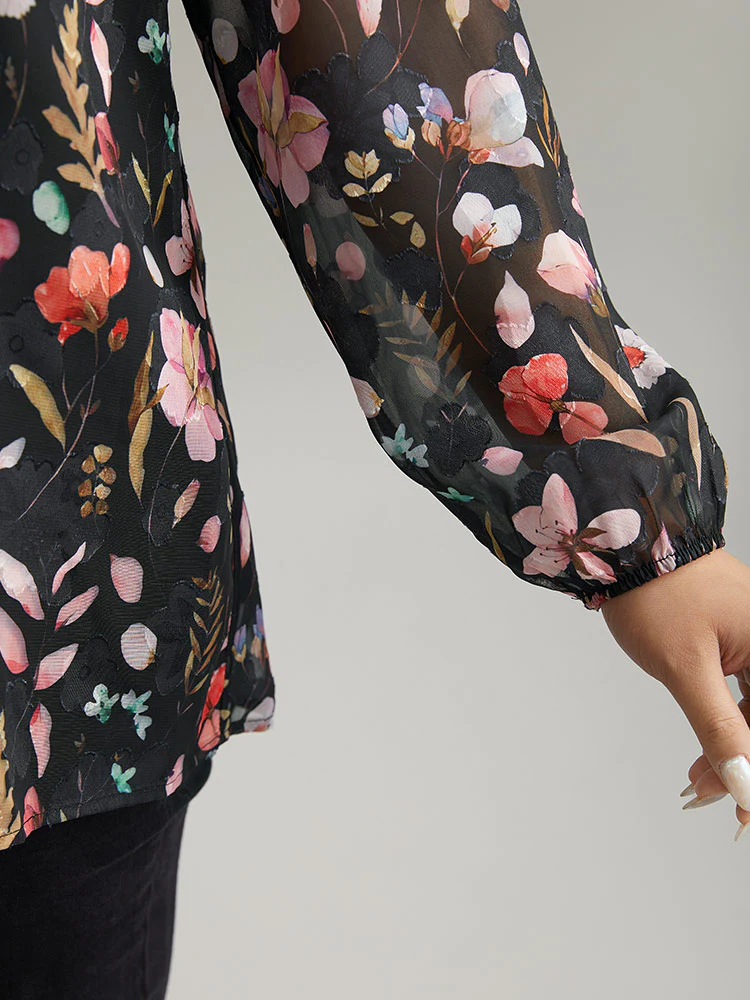 Floral Print Chiffon Knot Neck Lantern Sleeve Blouse - Image 8