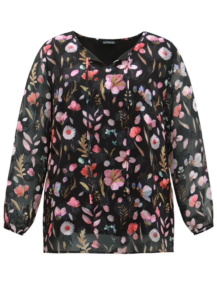 Floral Print Chiffon Knot Neck Lantern Sleeve Blouse - Image 9
