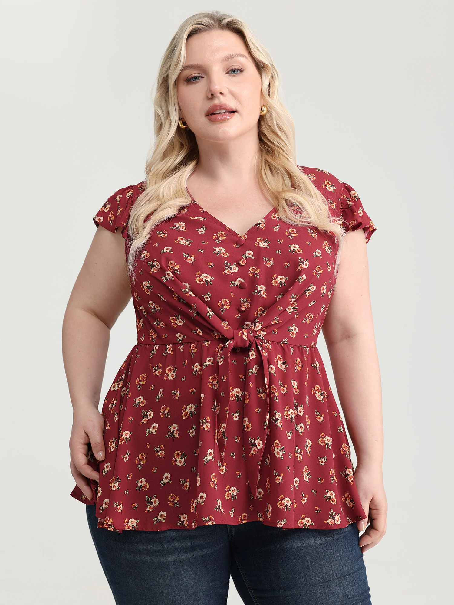 Floral Print Knotted Front-Tie Blouse - Image 2