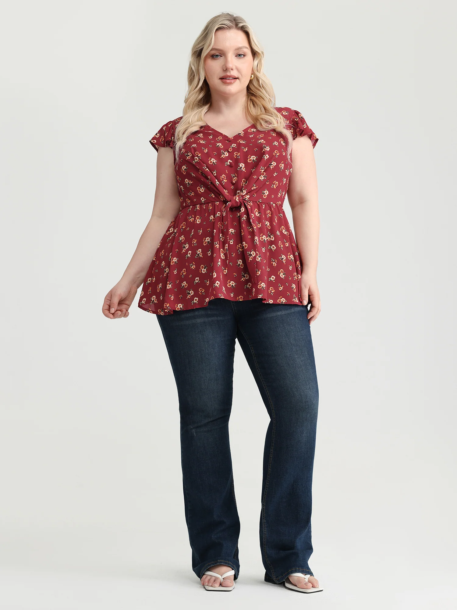 Floral Print Knotted Front-Tie Blouse - Image 3