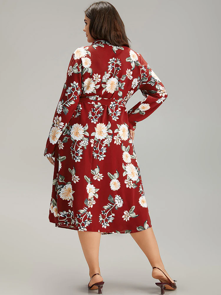 Floral Print Knotted Shirt Collar Dress - Image 2