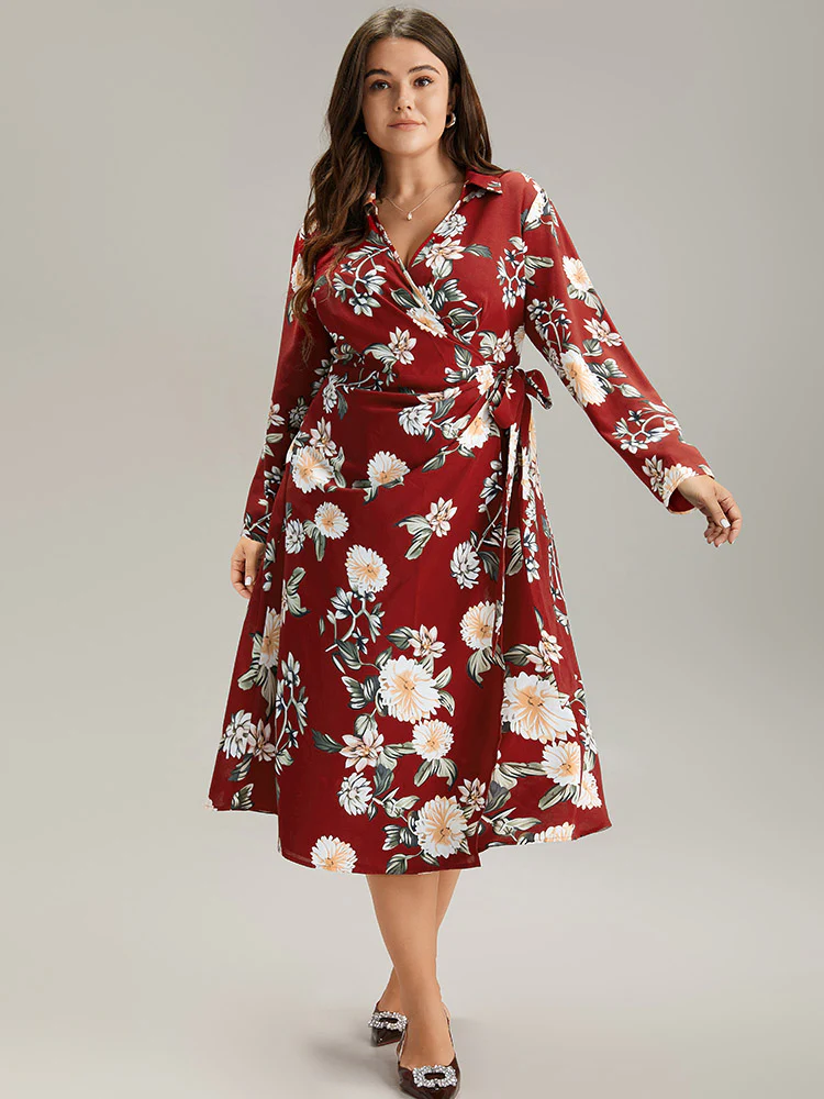 Floral Print Knotted Shirt Collar Dress - Image 3