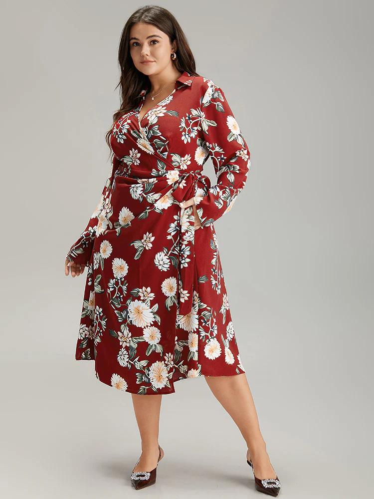 Floral Print Knotted Shirt Collar Dress - Image 4