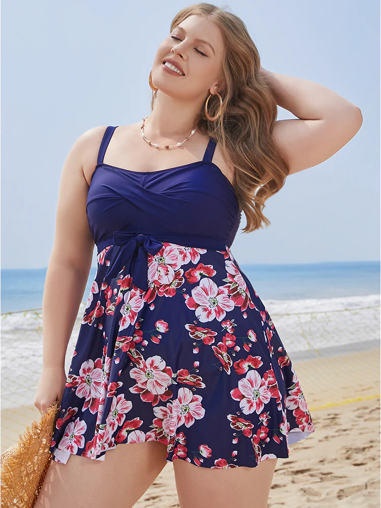 Floral Print Knotted Twist Front  A Line Swim Dress - Image 10