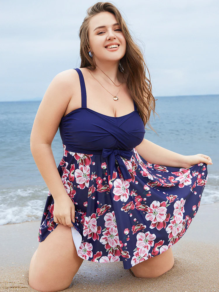 Floral Print Knotted Twist Front  A Line Swim Dress - Image 11