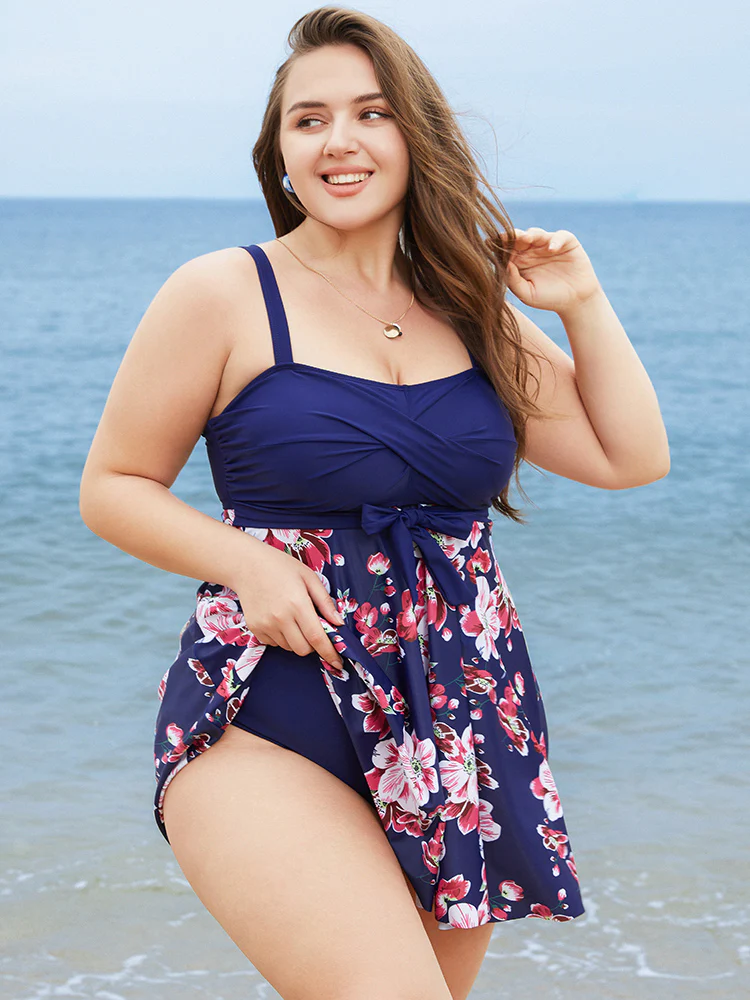 Floral Print Knotted Twist Front  A Line Swim Dress - Image 13