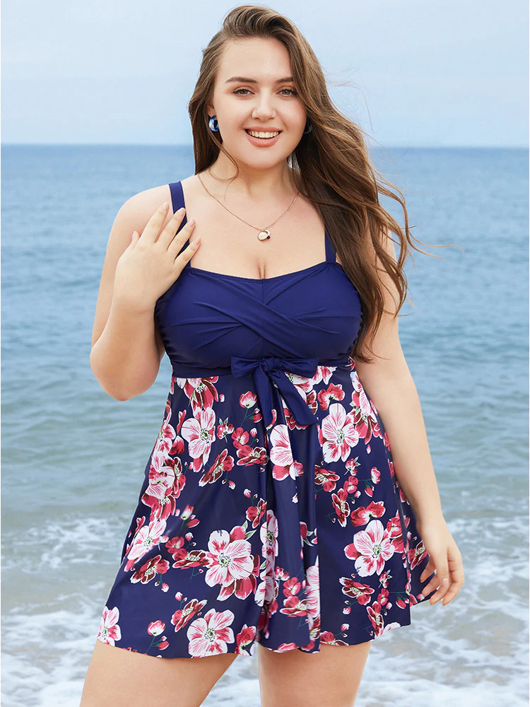 Floral Print Knotted Twist Front  A Line Swim Dress - Image 14