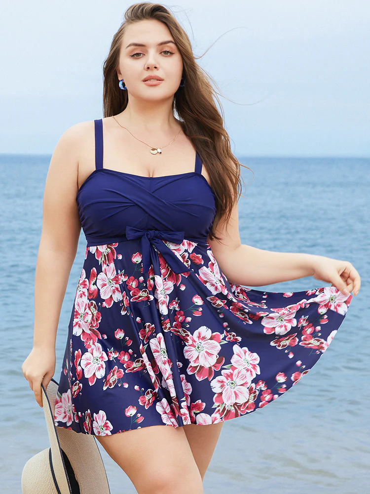Floral Print Knotted Twist Front  A Line Swim Dress - Image 15