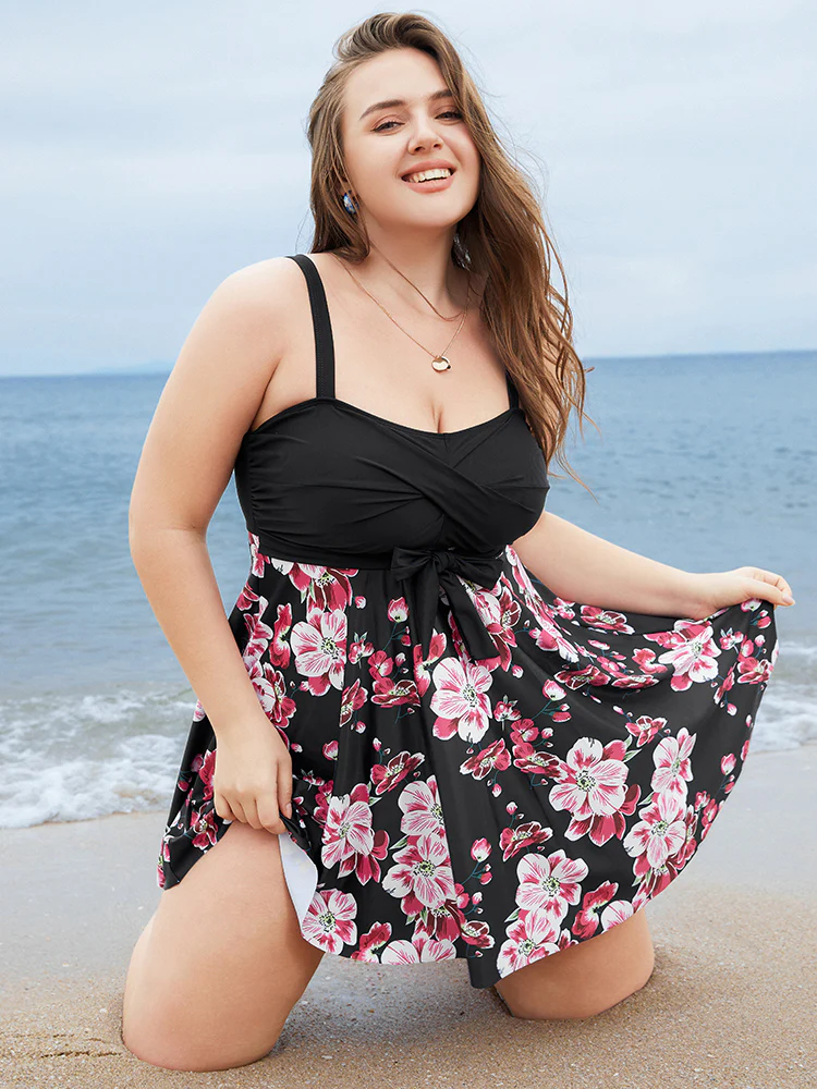 Floral Print Knotted Twist Front  A Line Swim Dress - Image 2