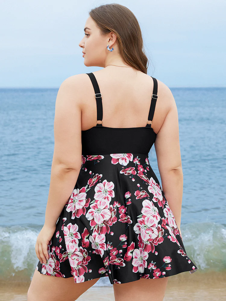 Floral Print Knotted Twist Front  A Line Swim Dress - Image 3