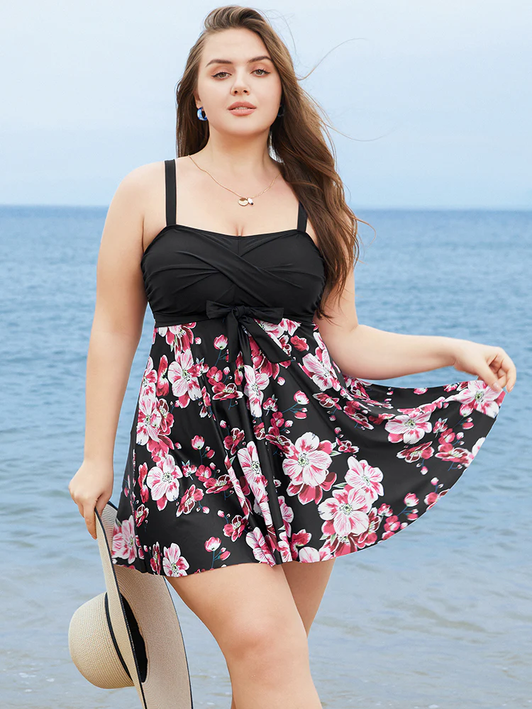 Floral Print Knotted Twist Front  A Line Swim Dress - Image 4