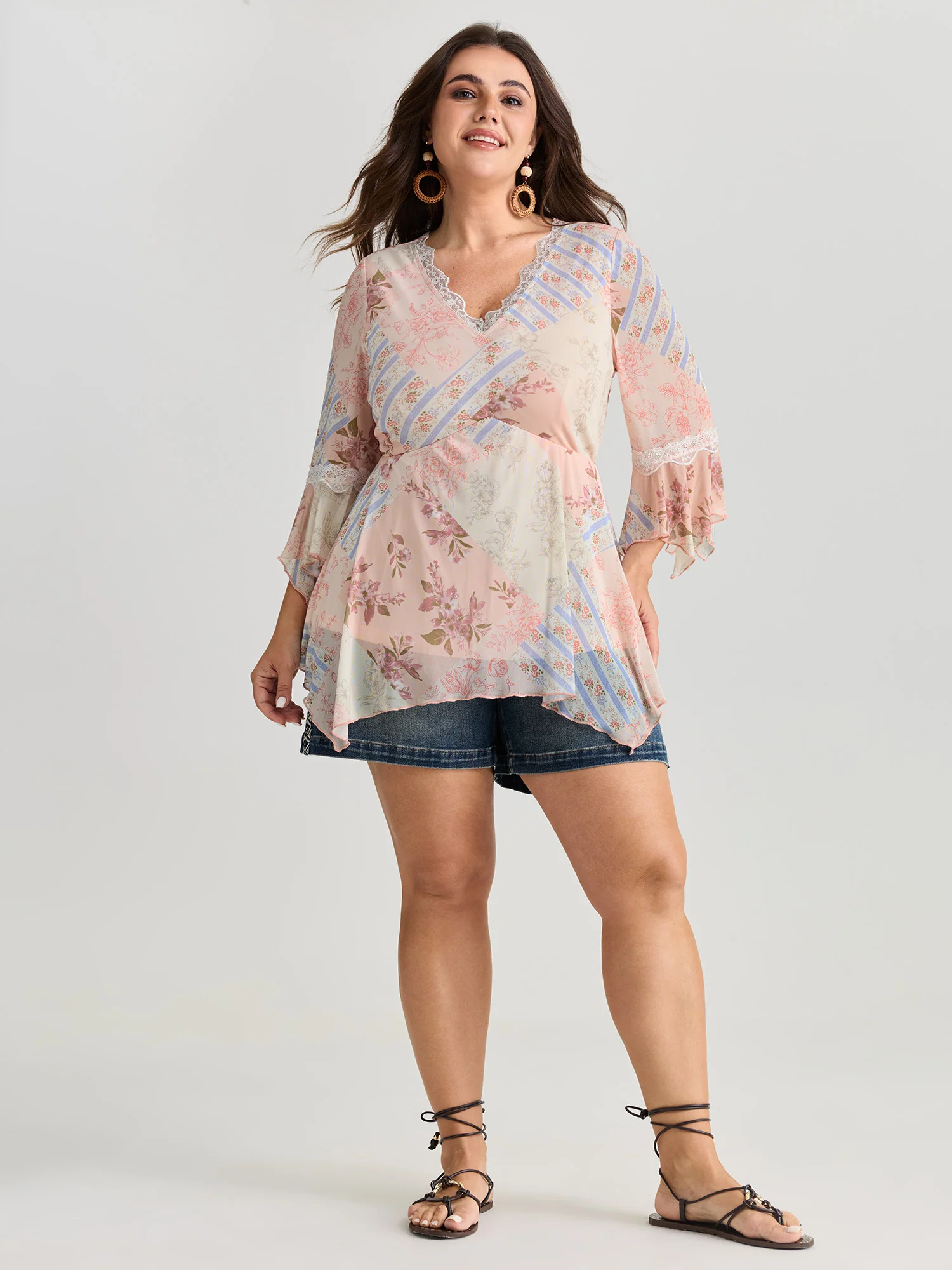Floral Print Lace Asymmetrical Hem Blouse - Image 3