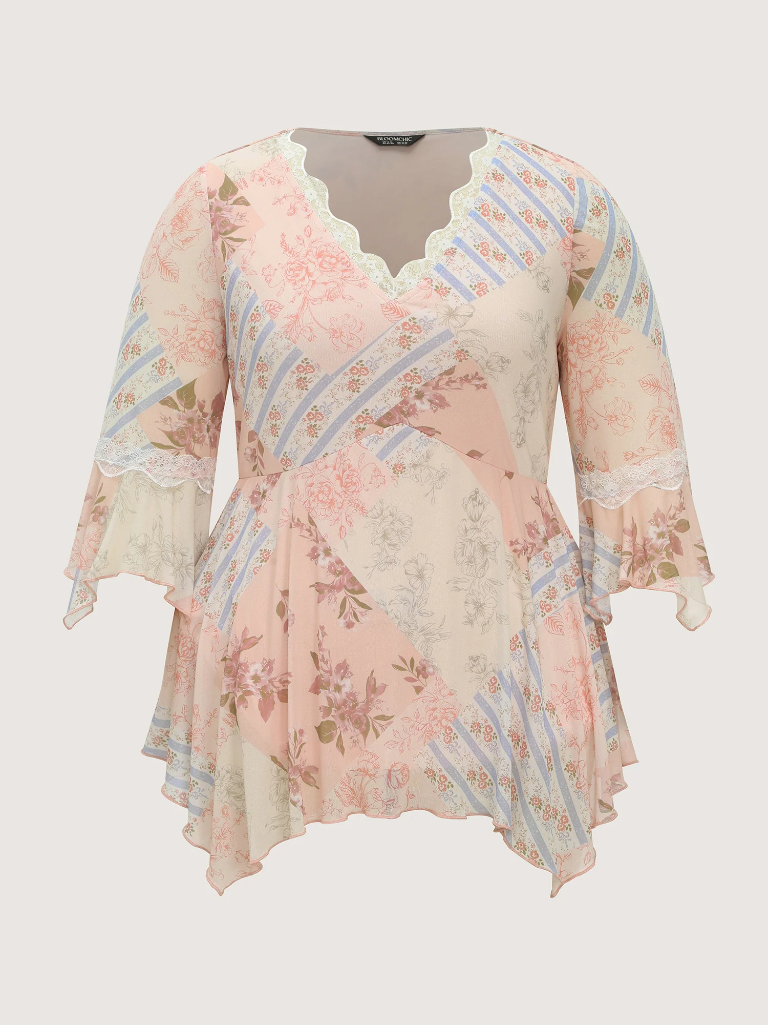 Floral Print Lace Asymmetrical Hem Blouse - Image 7