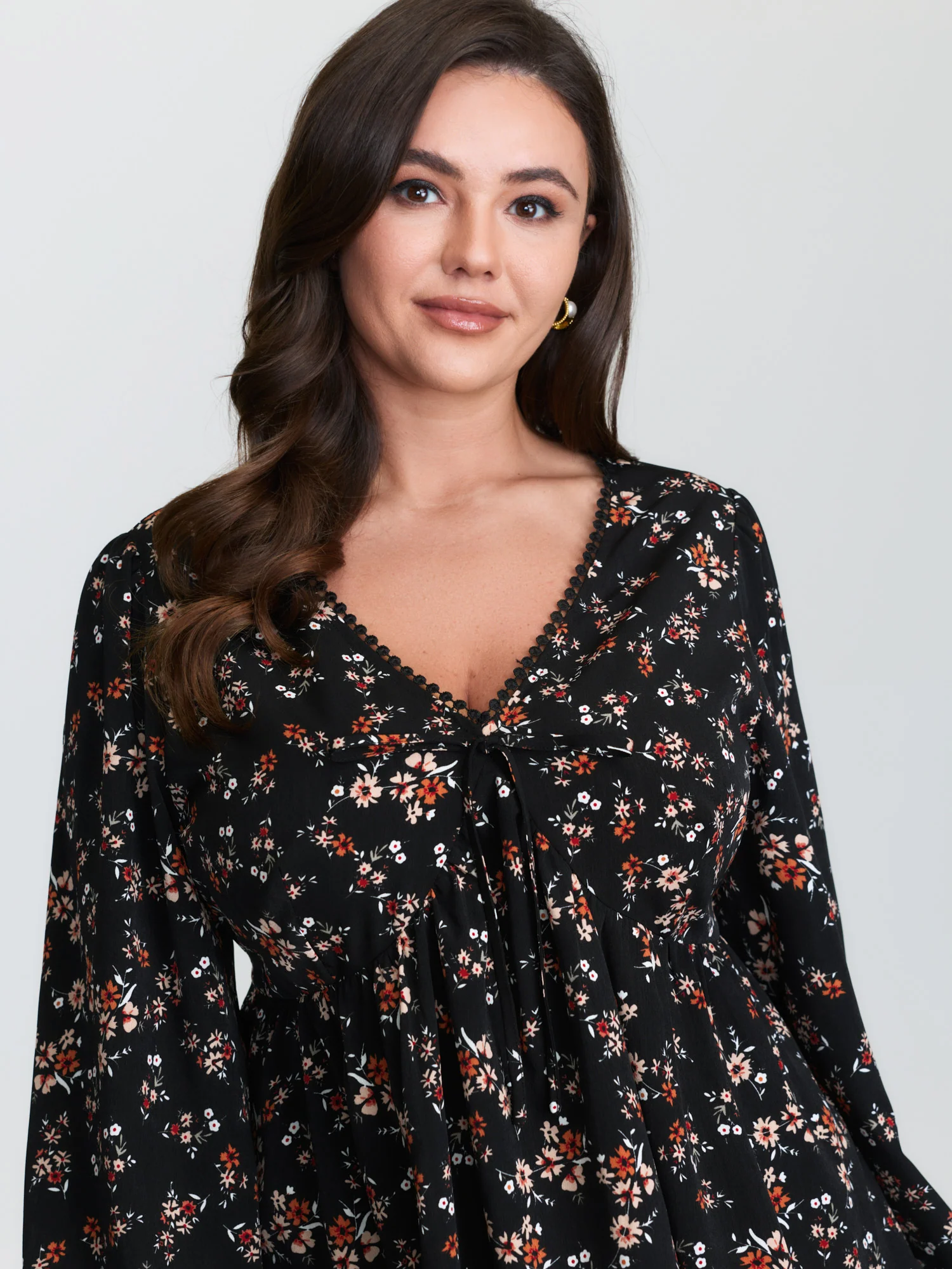 Floral Print Lace Cinched-Flared Blouse - Image 2